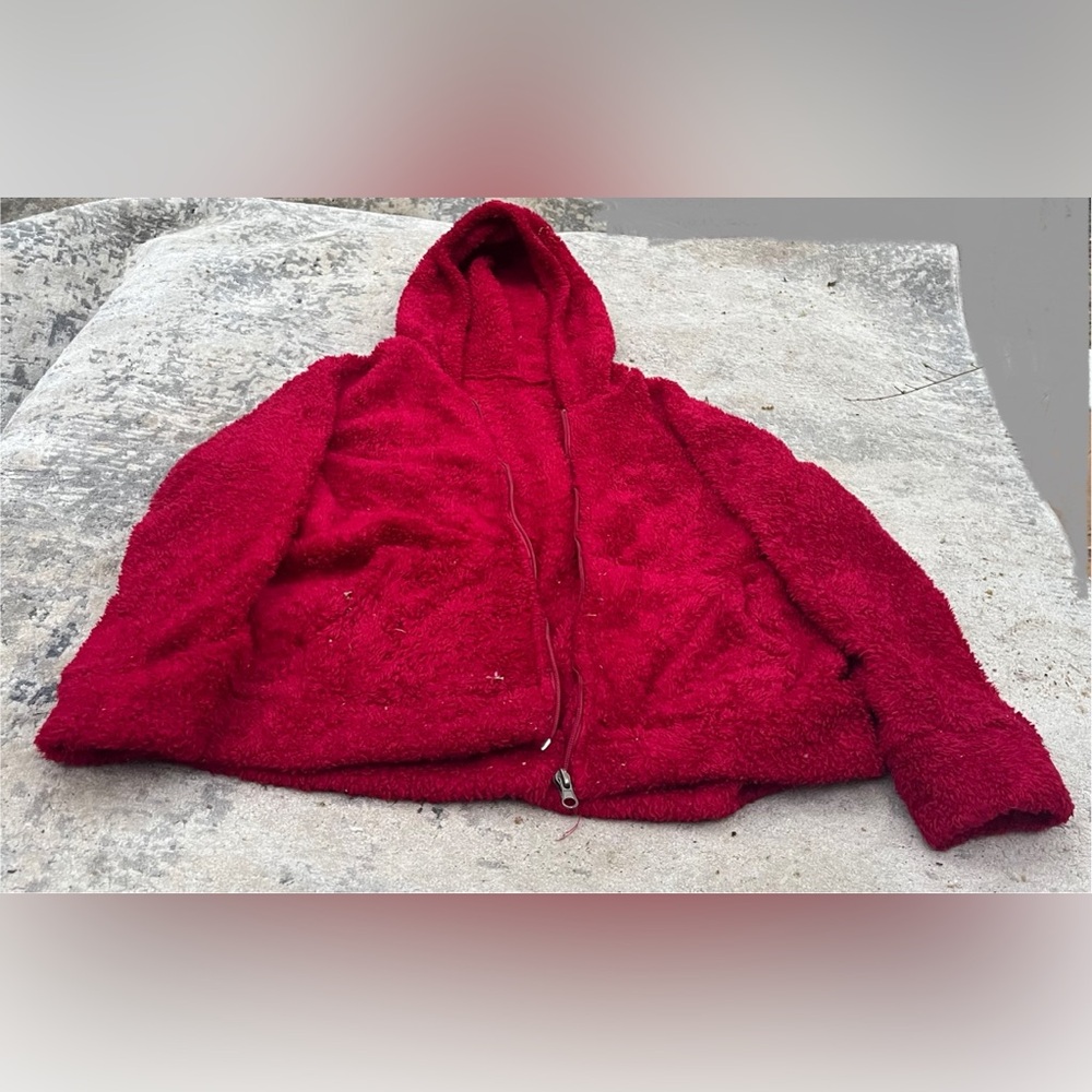 Cozy Red Fuzzy Hooded Zip Jacket